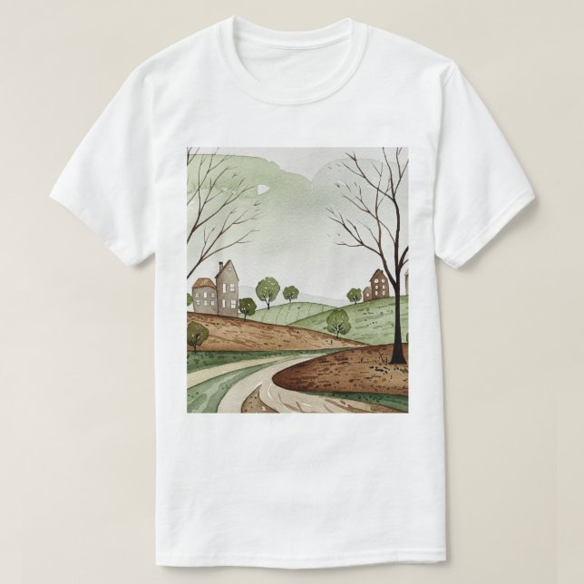 Camiseta landscape of hills with small houses (Frente do Design)