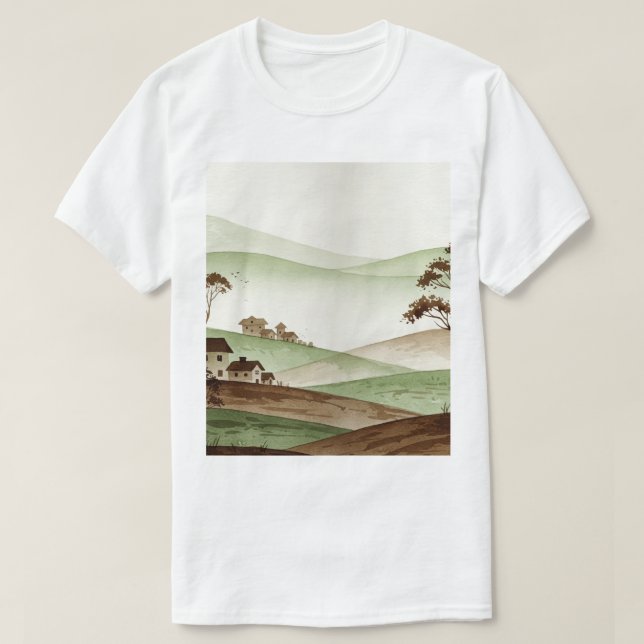 Camiseta landscape of hills with small houses (Frente do Design)