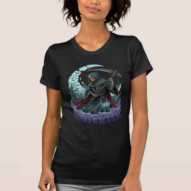 Camiseta Lanterna da Foice do Ceifador do Halloween Lua Que (Frente)