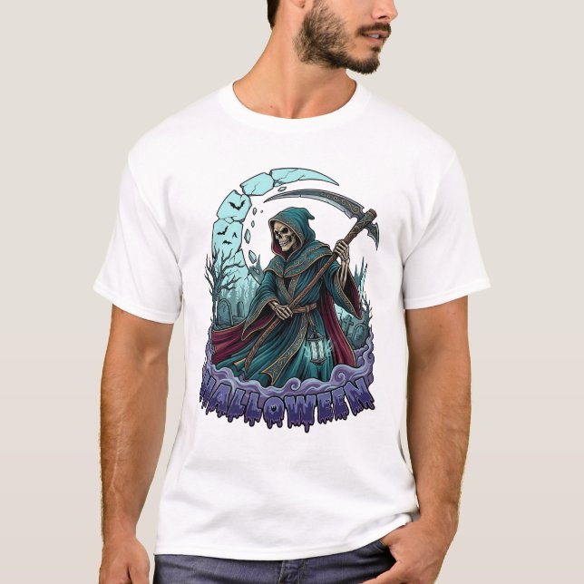 Camiseta Lanterna da Foice do Ceifador do Halloween Lua Que (Frente)