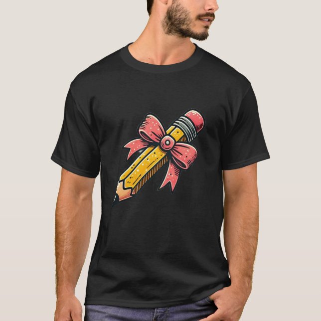 Camiseta Lápis Com Arco De Coquete Rosa De Volta Ao Ensino (Frente)