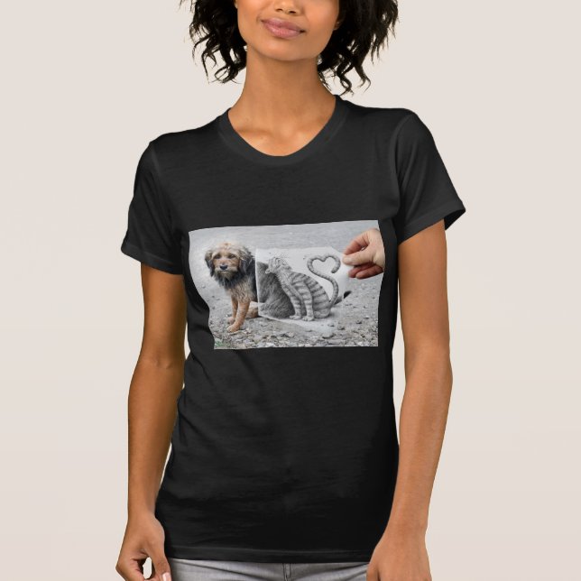 Camiseta Lápis contra a câmera - cão e gato (Frente)
