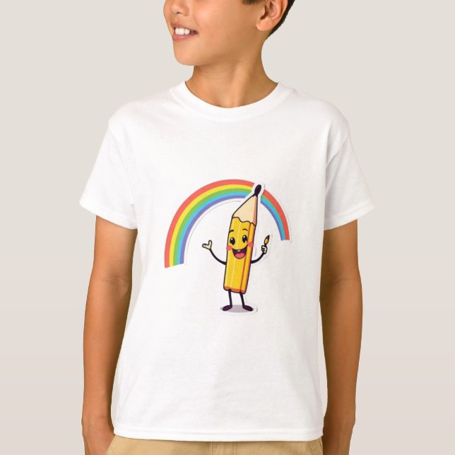 Camiseta Lápis Feliz com Arco-Íris - Cartoon Cheerful (Frente)