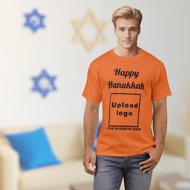 Camiseta Laranja com Saudação de Hanukkah Empresar (Hanukkah greeting, business name and logo on orange t-shirt)