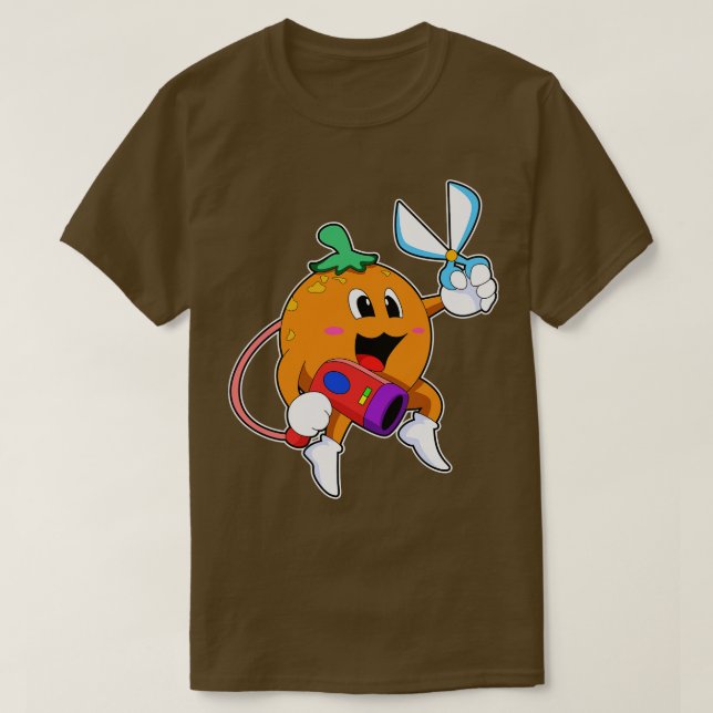 Camiseta Laranja como cabeleireiro com secador de cabelo co (Frente do Design)