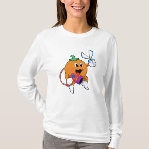 Camiseta Laranja como cabeleireiro com tesoura e secador de