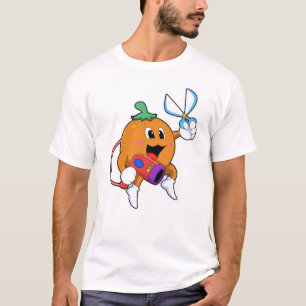 Camiseta Laranja como cabeleireiro com tesoura e secador de