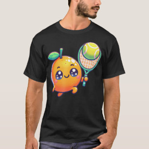 Camiseta Laranja de Tênis Cítrico Fofa Com Raquete E