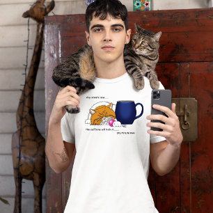 Camiseta Laranja Gato Café Manga Azul