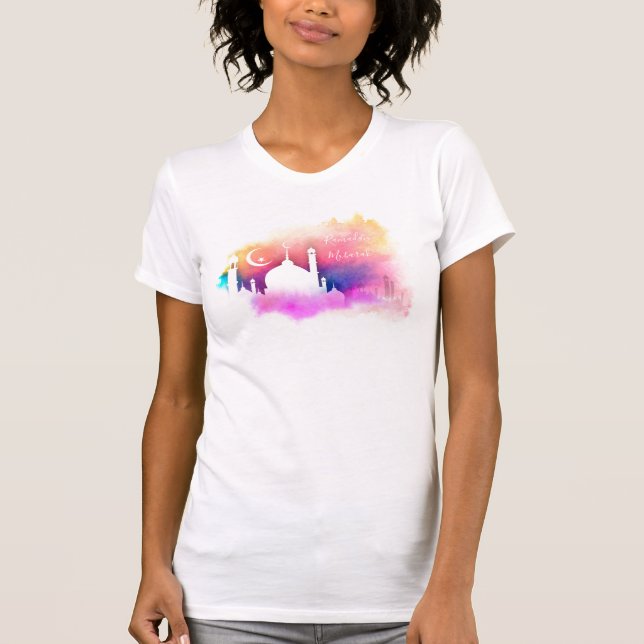 Camiseta Laranjas e Púrpura da Mesquita Ramadã de Aquarela (Frente)