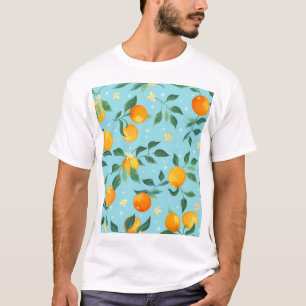 Camiseta Laranjas, flores: padrão sem costura têxtil.