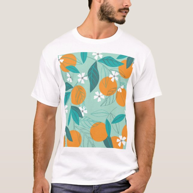 Camiseta Laranjas florescentes, folhas, arte safada. (Frente)