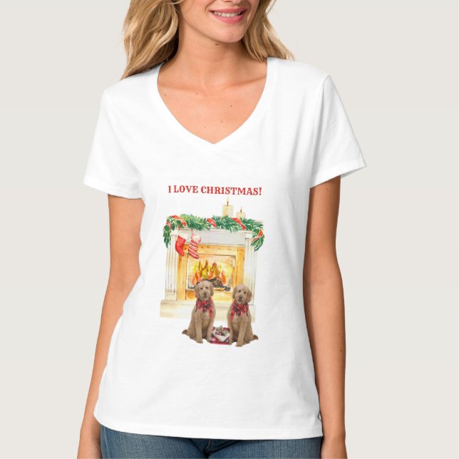 Camiseta Lareiras Velas Goldendoodles Adoram T-S Natal (Frente)