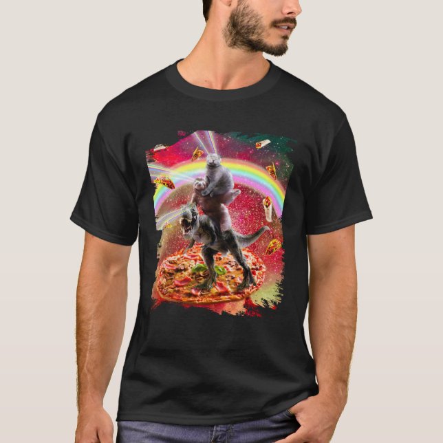 Camiseta Laser Eyes Space Cat On Sloth Dinosaur  Rainbow (Frente)