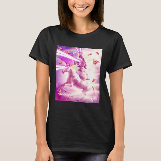 Camiseta Laser Eyes Space Cat Riding Dog Unicorn  Rainbow (Frente)