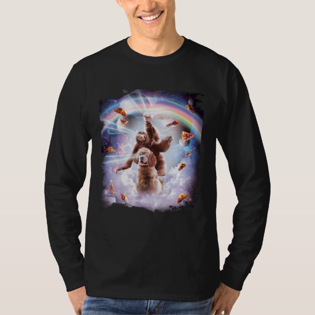 Camiseta Laser Eyes Space Cat Riding Sloth, Dog Rainbow (Frente)