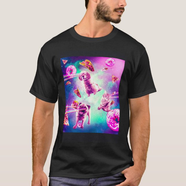 Camiseta Laser Eyes Space Cat With Dog Pug  Rainbow (Frente)