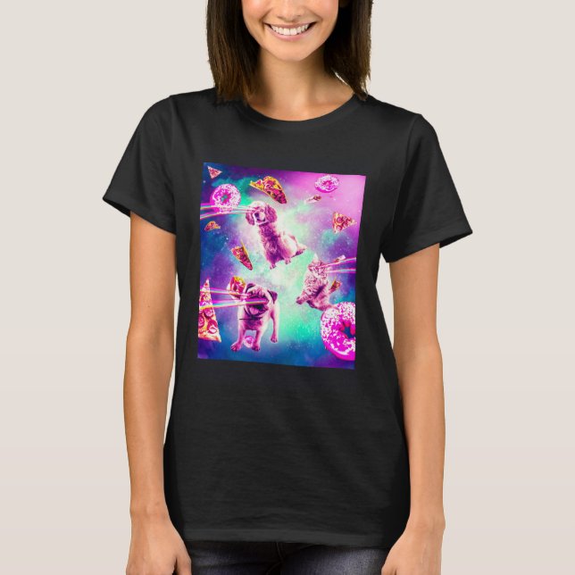 Camiseta Laser Eyes Space Cat With Dog Pug  Rainbow (Frente)