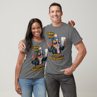 Camiseta Lata Divertida de Cerveja bebendo Leite em um Cinz