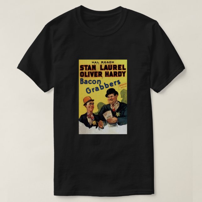 Camiseta Laurel and Hardy. Bacon Grabbers. Movie Poster. Cl (Frente do Design)