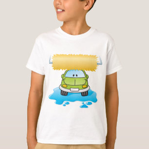 Camiseta Lavagem Feliz de Carro de Desenho Verde