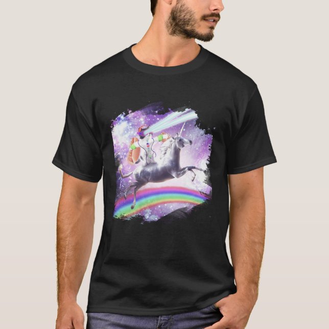 Camiseta Lazer Rave Space Cat Dirigindo Unicórnio Com Hotdo (Frente)
