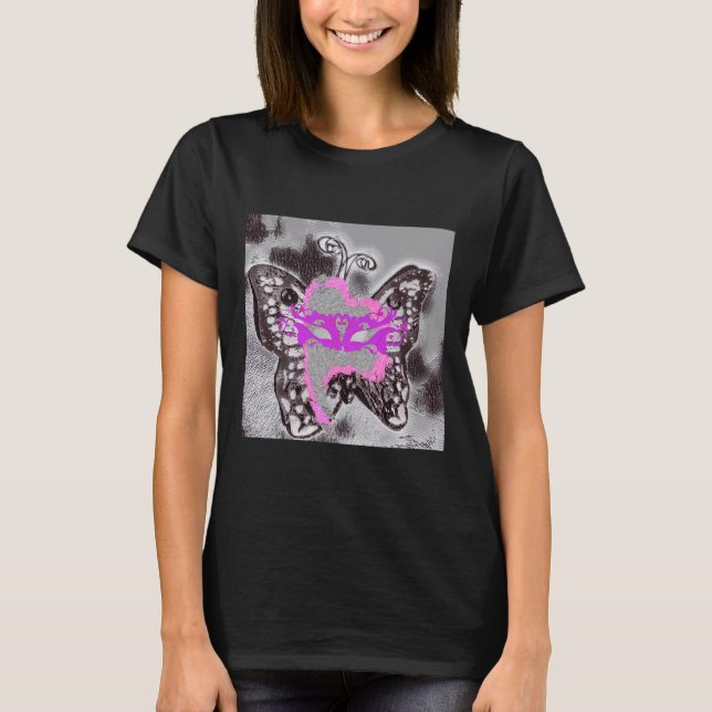 Camiseta Le Papillon Masqué De Gris Et De Rosa (Frente)