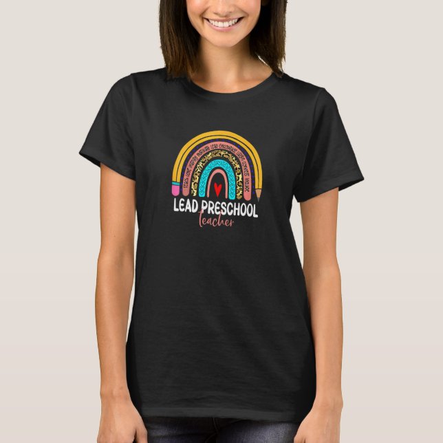 Camiseta Lead Preschool Teacher Leopard Rainbow Back To Sch (Frente)