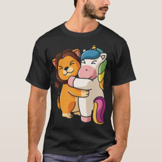 Camiseta Leão abraçando unicórnio Abraço Animais retrô