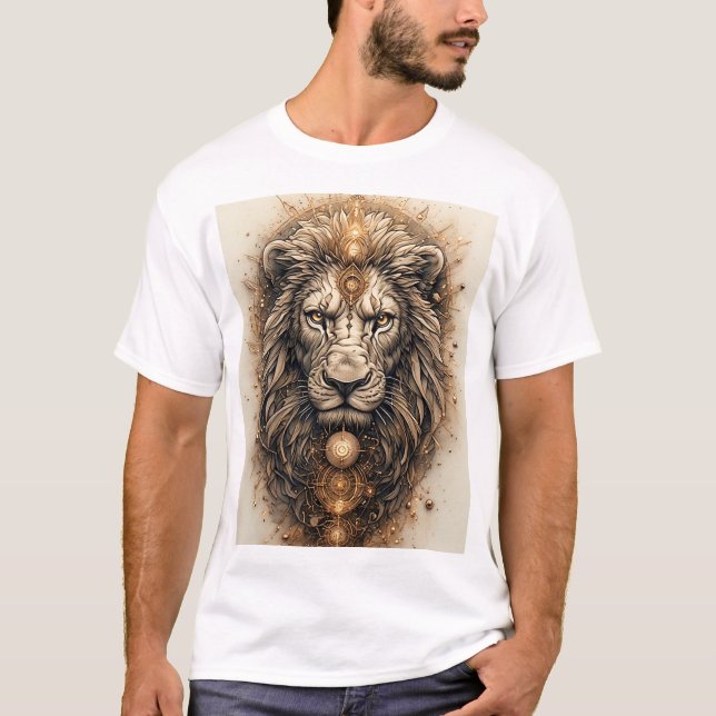 Camiseta Leão Artístico com Geométrico Dourado  (Frente)