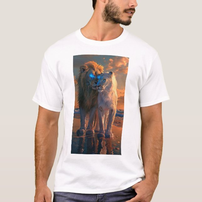 Camiseta Leão branco majestoso com olhos azuis e Aura escur (Frente)