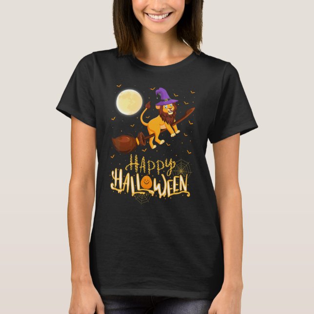 Camiseta Leão Cavalga Bruxa Espingarda Leão Halloween (Frente)