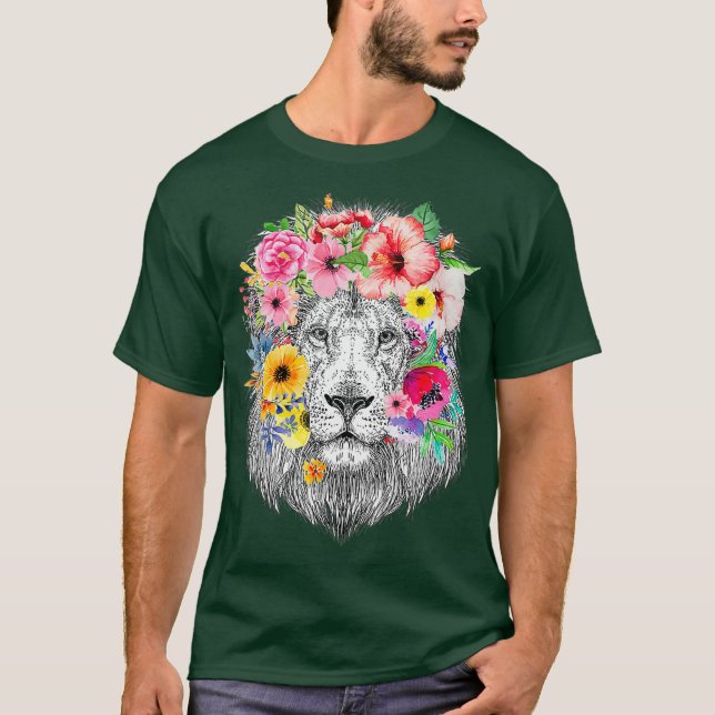Camiseta Leão com Flores - Leão Africano Floral (Frente)