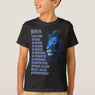 Camiseta Leão Cristão Jesus É Meu Rei, Deus, Senhor, E Sa