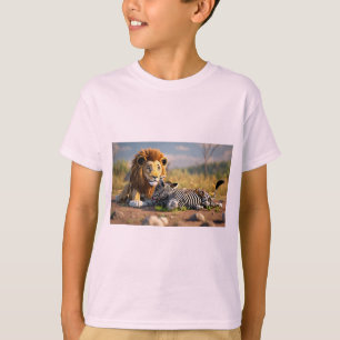 Camiseta Leão de desenho 3D comendo zebra - Cena selvagem d