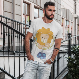 Camiseta Leão de desenho animado saltando através de um aro