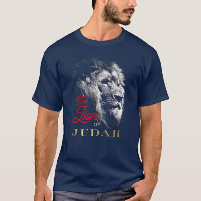 Camiseta Leão de Judah Marinho Vermelho Dourado Azul (Frente)