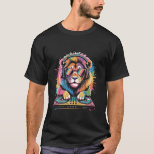 Camiseta Leão DJ nos toca-discos Música Rave de Sintetizado