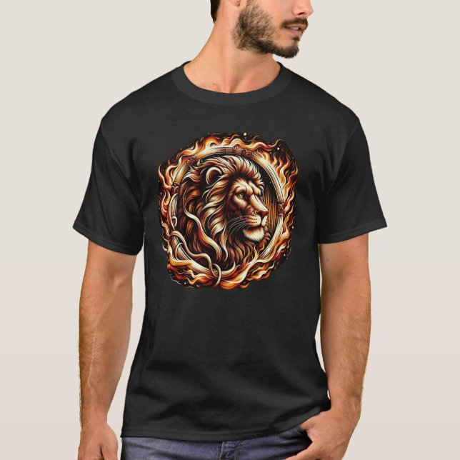 Camiseta Leão flamejante em anel de chamas Astrologia (Frente)