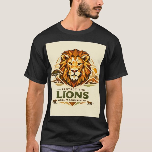 Camiseta Leão Geométrico: Proteja a Vida Selvagem (Frente)