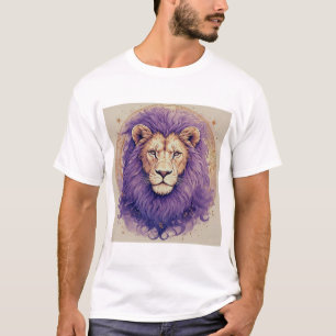 Camiseta Leão Majestoso com Crina Roxa e Acentos Cósmicos