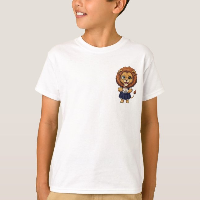 Camiseta Leão Menina Escola Xícara Crianças (Frente)