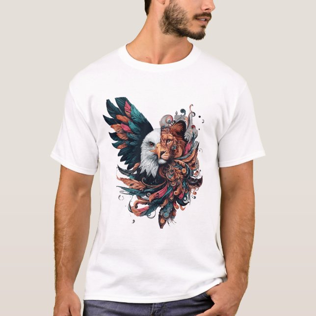 Camiseta Leão metade da arte animal da águia (Frente)