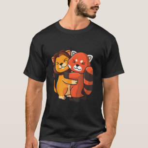 Camiseta Leão Panda Vermelho Abraçando Animal Kawaii