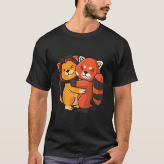 Camiseta Leão Panda Vermelho Abraçando Animal Kawaii