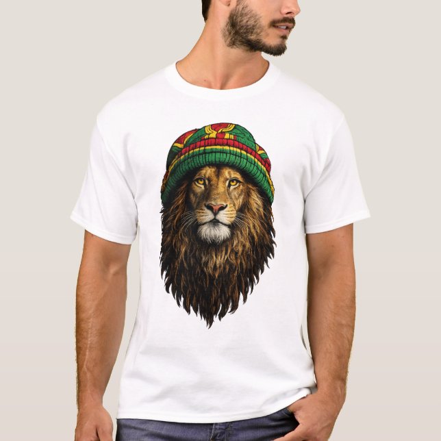 Camiseta Leão Rasta Hat – Design Urbano Relaxado (Frente)