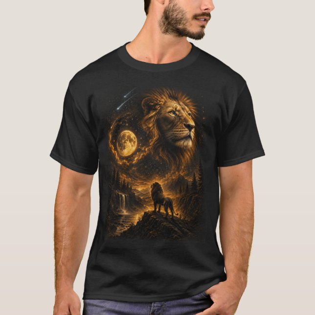 camiseta leão rugindo para a lua lua cheia leão (Frente)