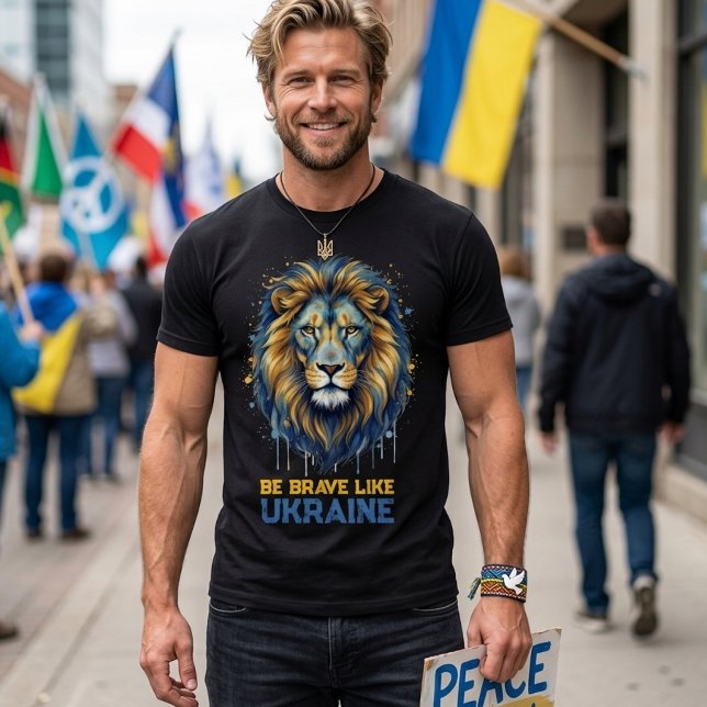 Camiseta Leão “Seja corajoso como a Ucrânia.” (Criador carregado)