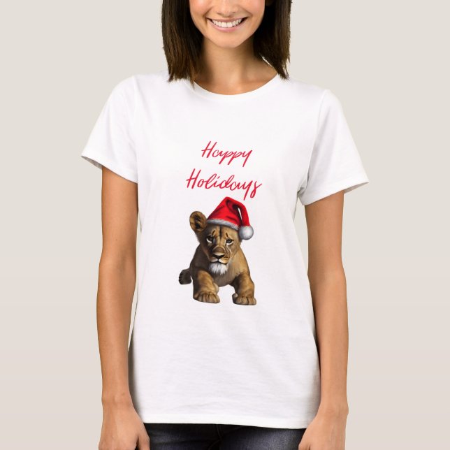 Camiseta Leão Vestindo um chapéu de Papai Noel (Frente)