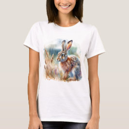 Camiseta Lebre no Campo Arte em Aquarela de Animal Selvagem